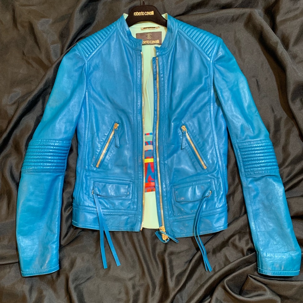 🔥🔥Roberto Cavalli Turquoise leather jacket🔥🔥